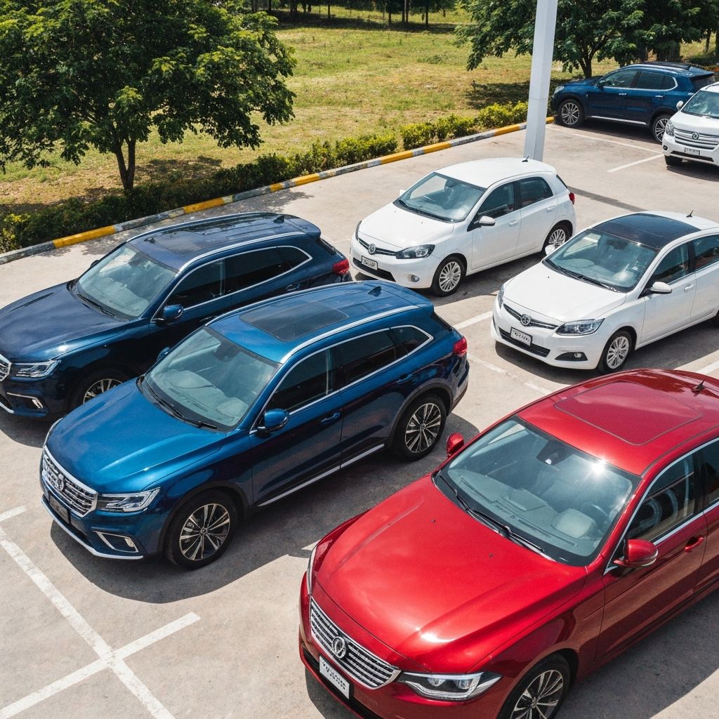 Car dealership lot with multiple vehicles